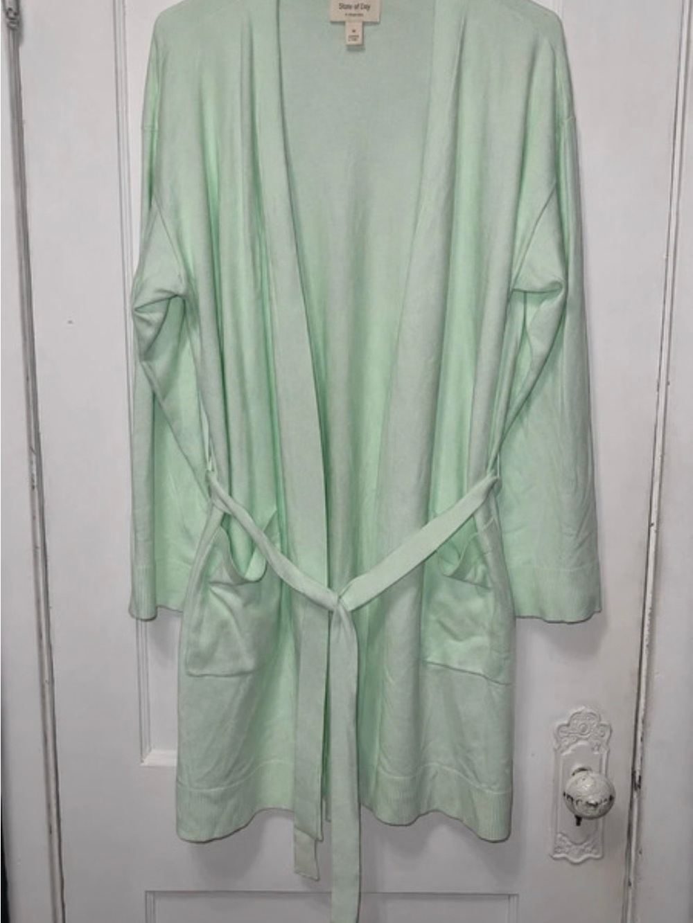 Light Mint Open-Front Robe with Belt and Pockets